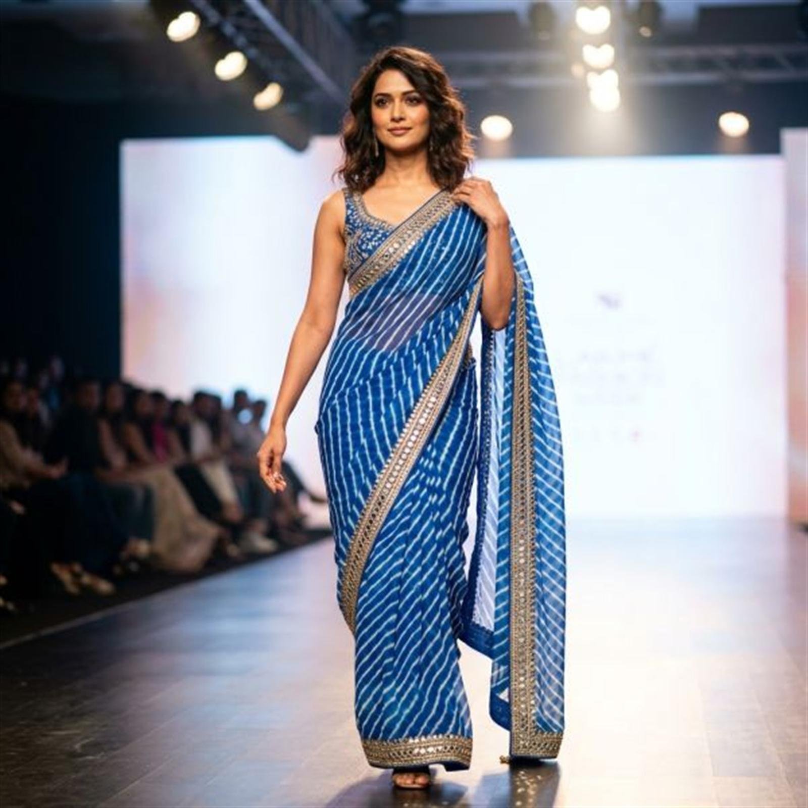 Designer Blue Leheriya Georgette Saree with Hand Embellishments