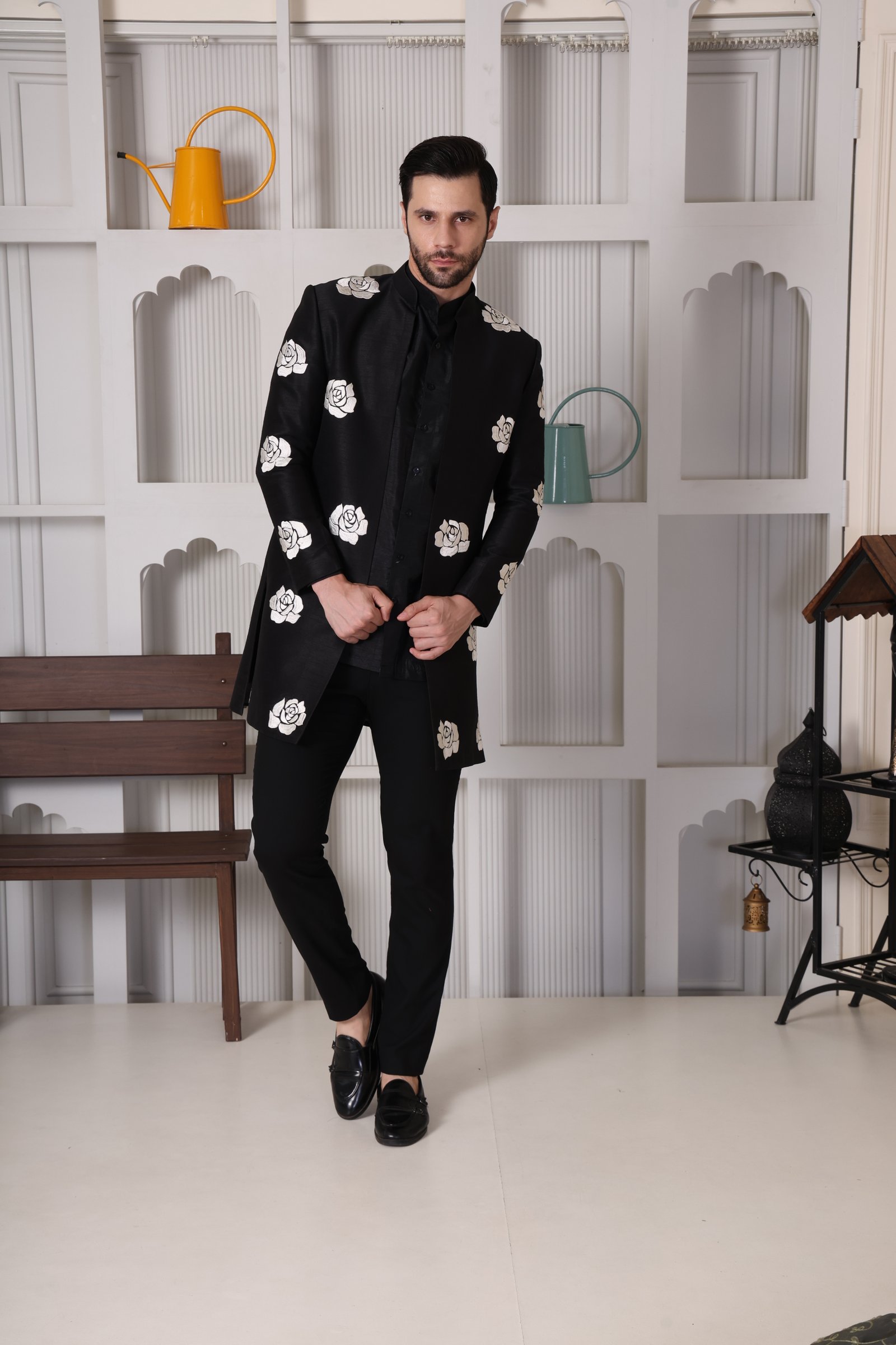 Black Indo-Western Sherwani with White Rose Applique - Aanujj Kapoor Laybels