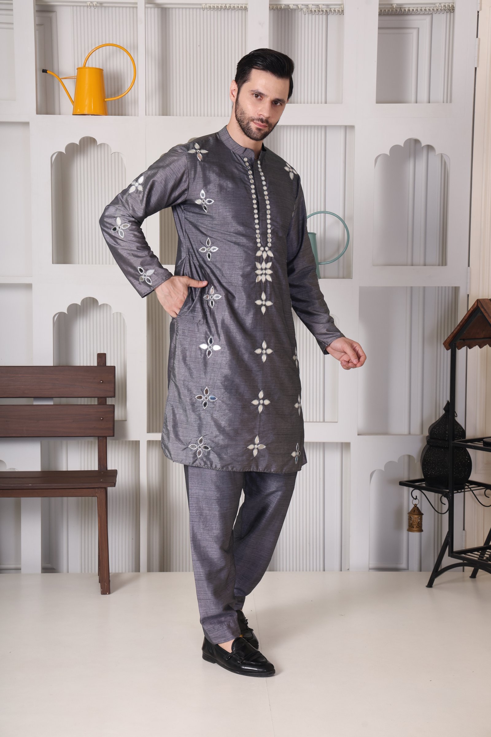 Aryam Woven Benarasi Kurta - Emerald Green - Close-up Artisan Zardozi & Thread Work - House of Aanujj Kapoor