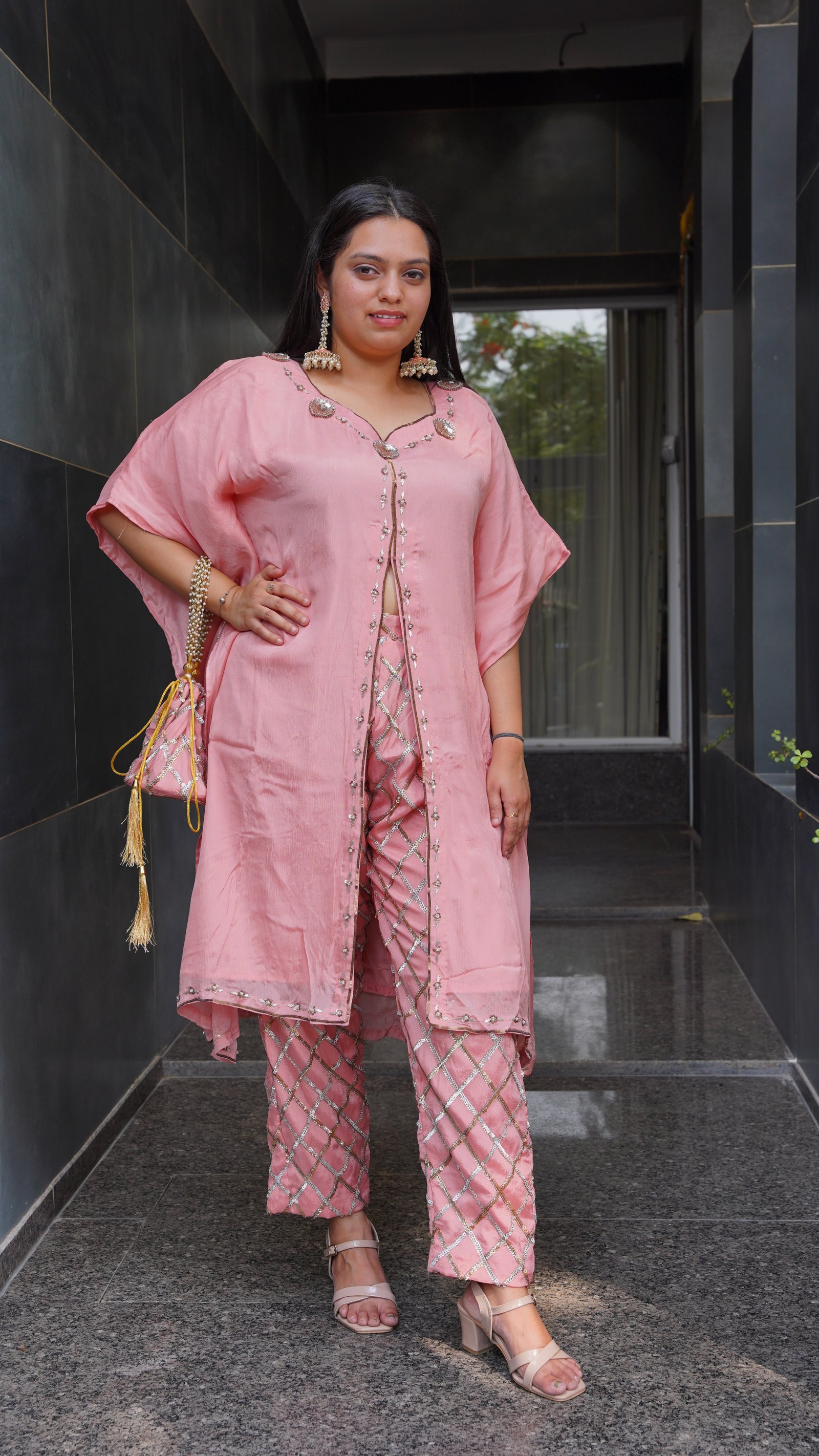 Blush Pink Hand-Embellished Kaftan Kurta & Sequence-Work Pant Set - Fabric & Hand Embroidery Detail Shot - Aanujj Kapoor Laybels