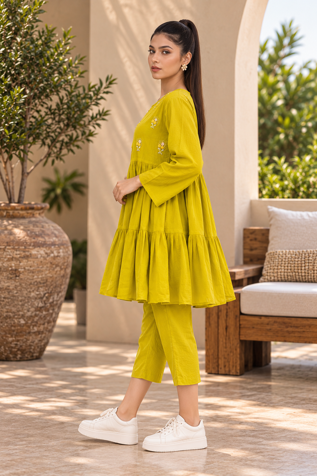 Marigold Bloom Tiered Kurta Set - Fabric & Hand Embroidery Detail Shot - Aanujj Kapoor Laybels