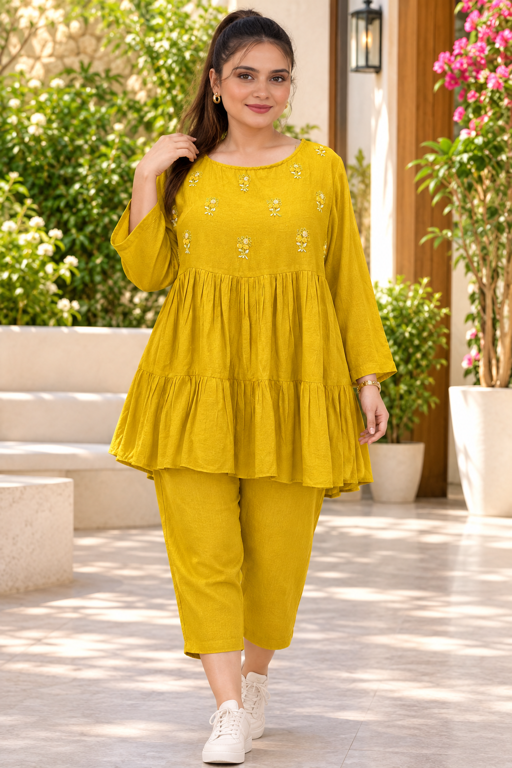 Marigold Bloom Tiered Kurta Set - Back View & Silhouette Styling - Luxury Indian Couture