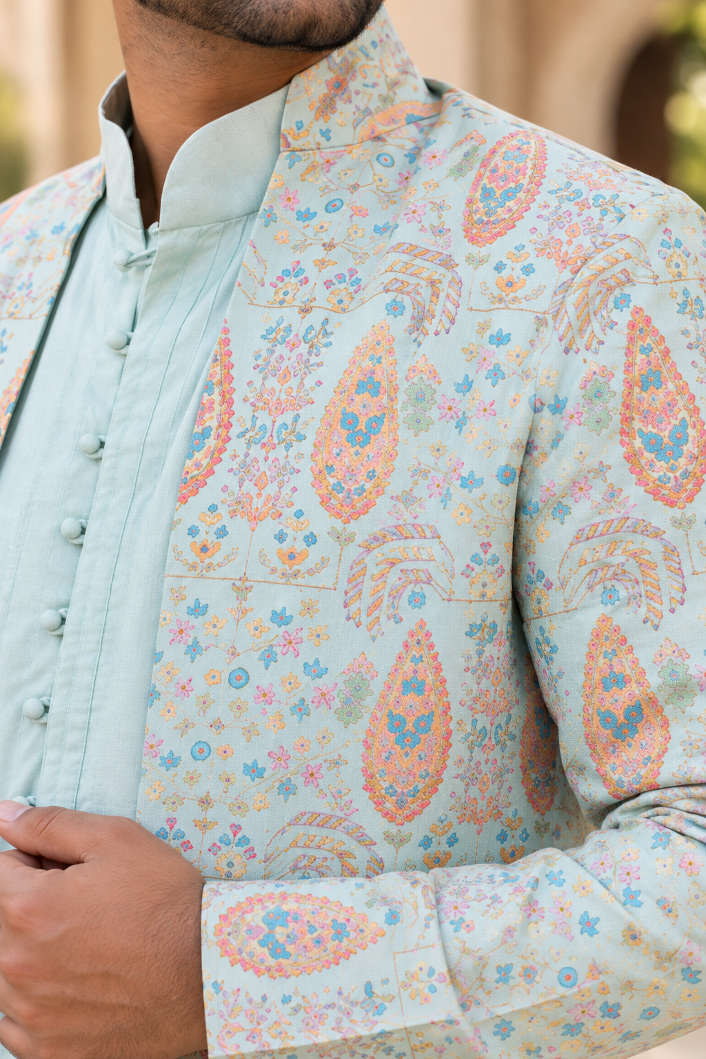 Pastel Aqua Printed Nehru Jacket Set - Close-up Artisan Zardozi & Thread Work - House of Aanujj Kapoor
