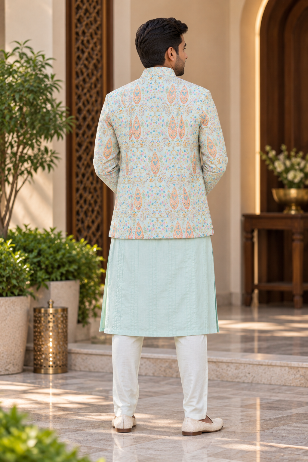 Pastel Aqua Printed Nehru Jacket Set - Fabric & Hand Embroidery Detail Shot - Aanujj Kapoor Laybels