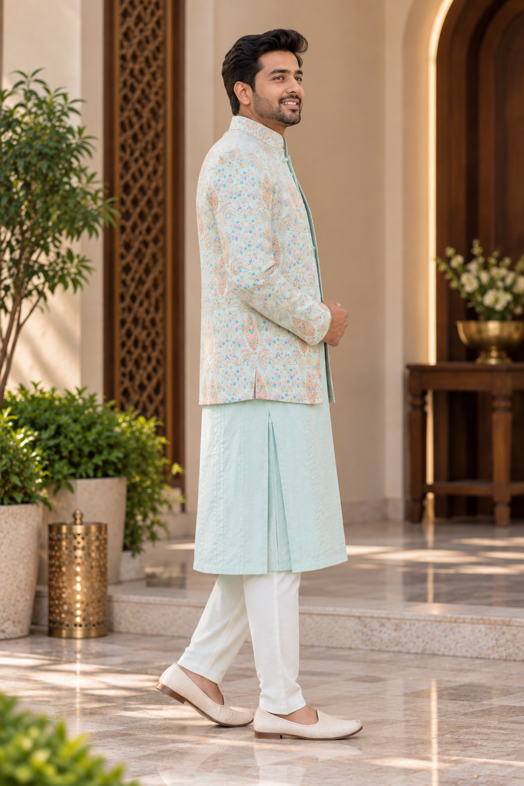 Pastel Aqua Printed Nehru Jacket Set - Back View & Silhouette Styling - Luxury Indian Couture
