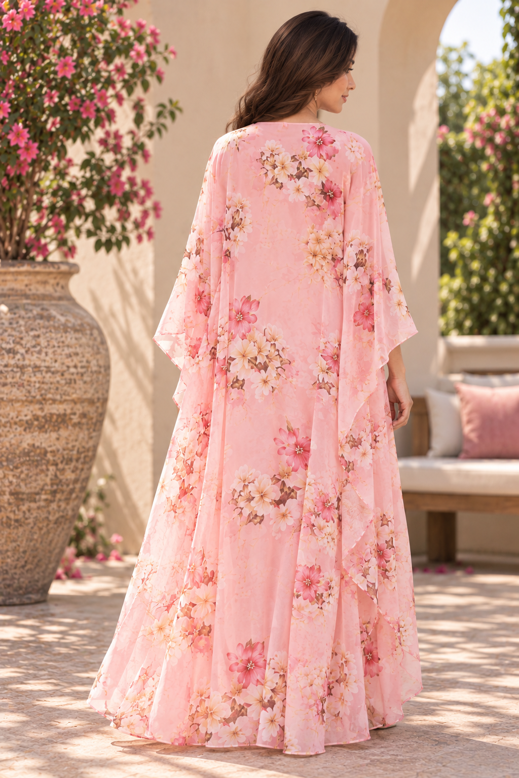 Blush Pink Floral Cape Kurta Set - Back View & Silhouette Styling - Luxury Indian Couture