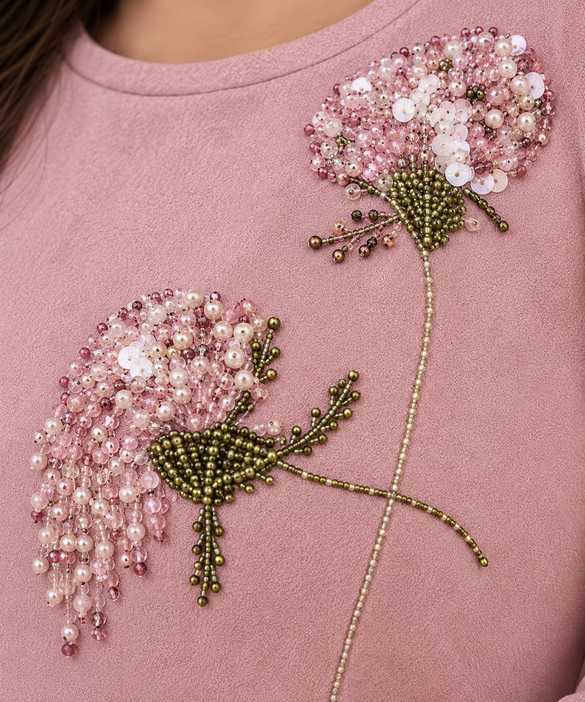 Pink Floral Embellished A-Line Dress - Close-up Artisan Zardozi & Thread Work - House of Aanujj Kapoor