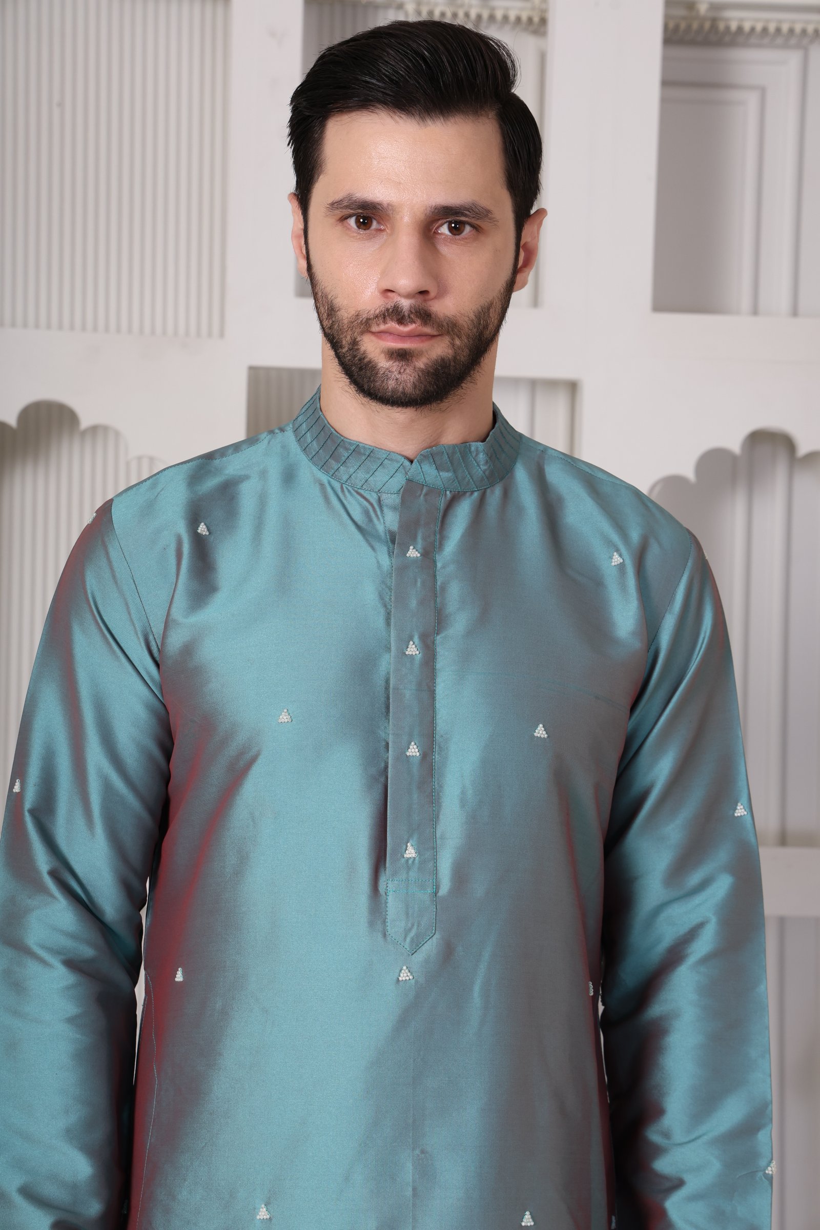 Blue Silk Kurta With Pearl Hand Work