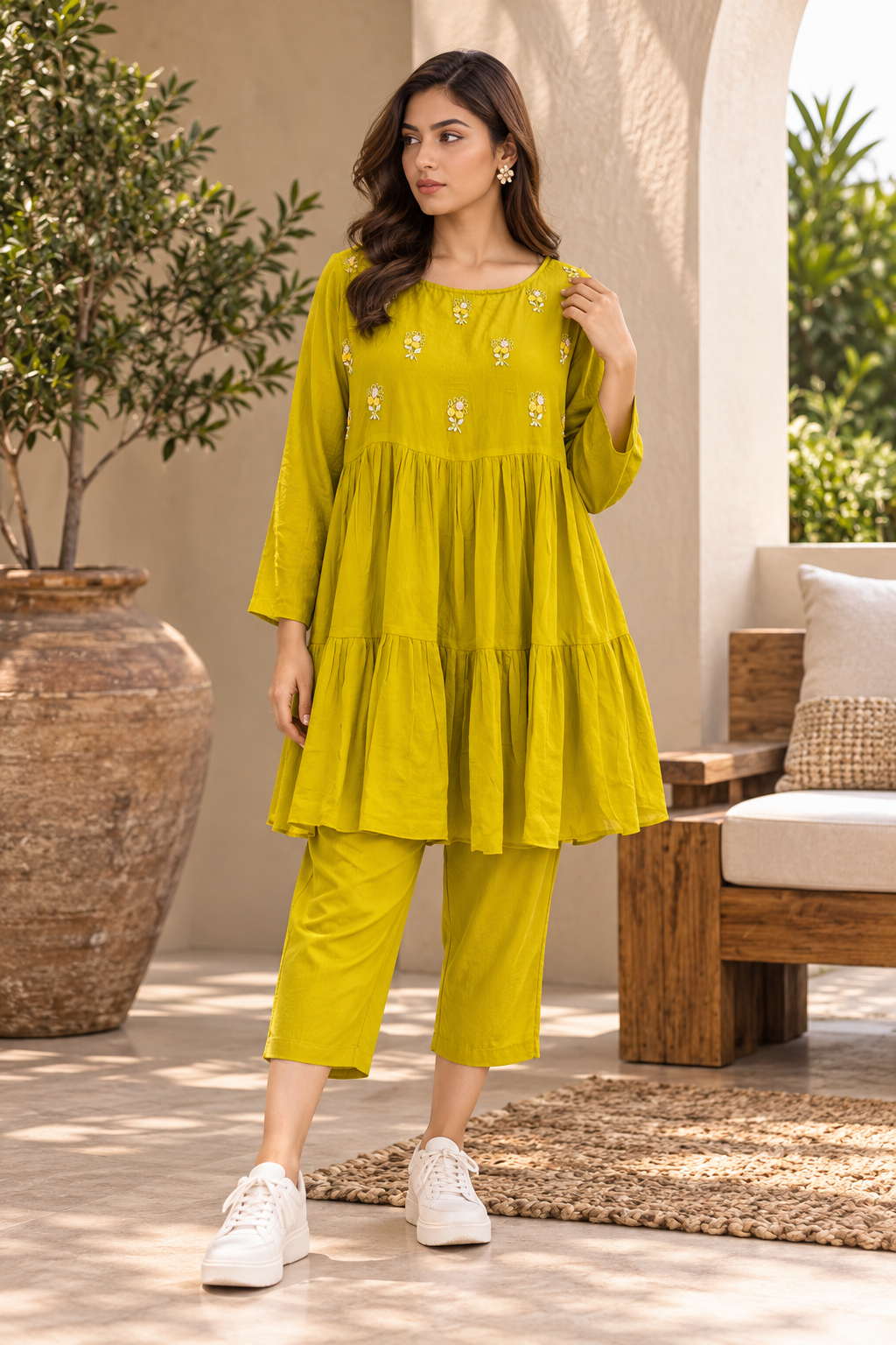 Marigold Bloom Tiered Kurta Set - Front View - Handcrafted Luxury Designer Wear by Aanujj Kapoor