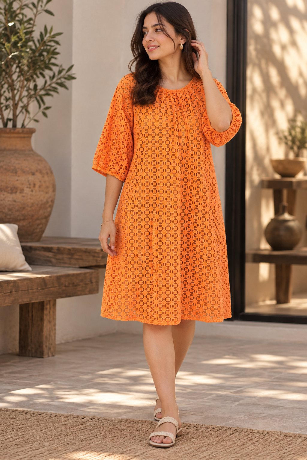 Orange Eyelet Cutwork A-Line Dress - Photo 1