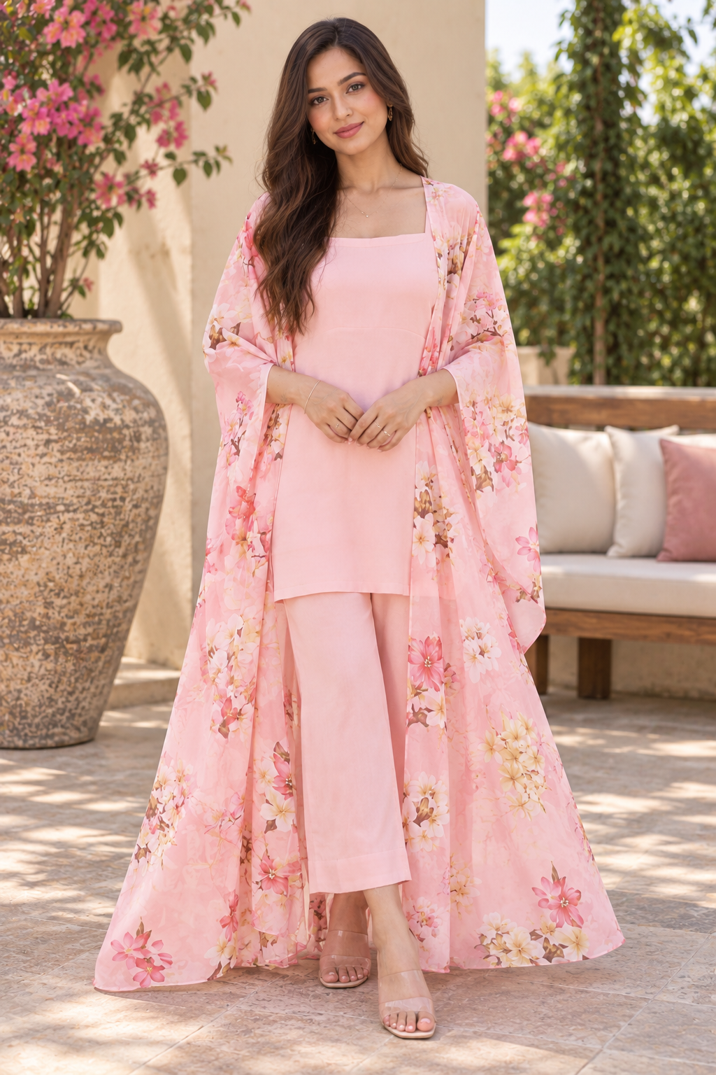 Blush Pink Floral Cape Kurta Set - Front View - Handcrafted Luxury Designer Wear by Aanujj Kapoor
