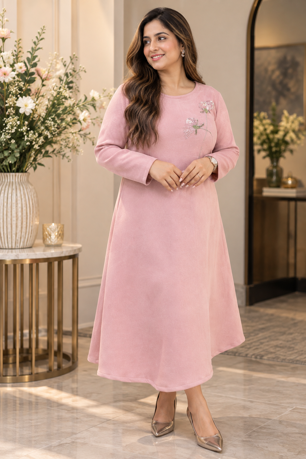 Pink Floral Embellished A-Line Dress