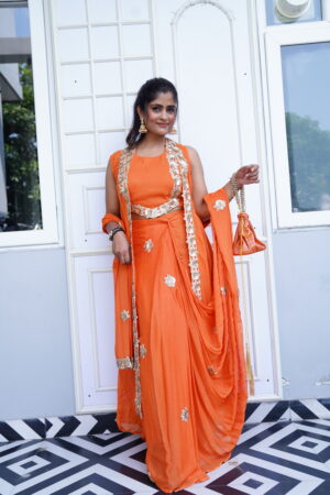 Tangerine Orange Saree with Cape Blouse