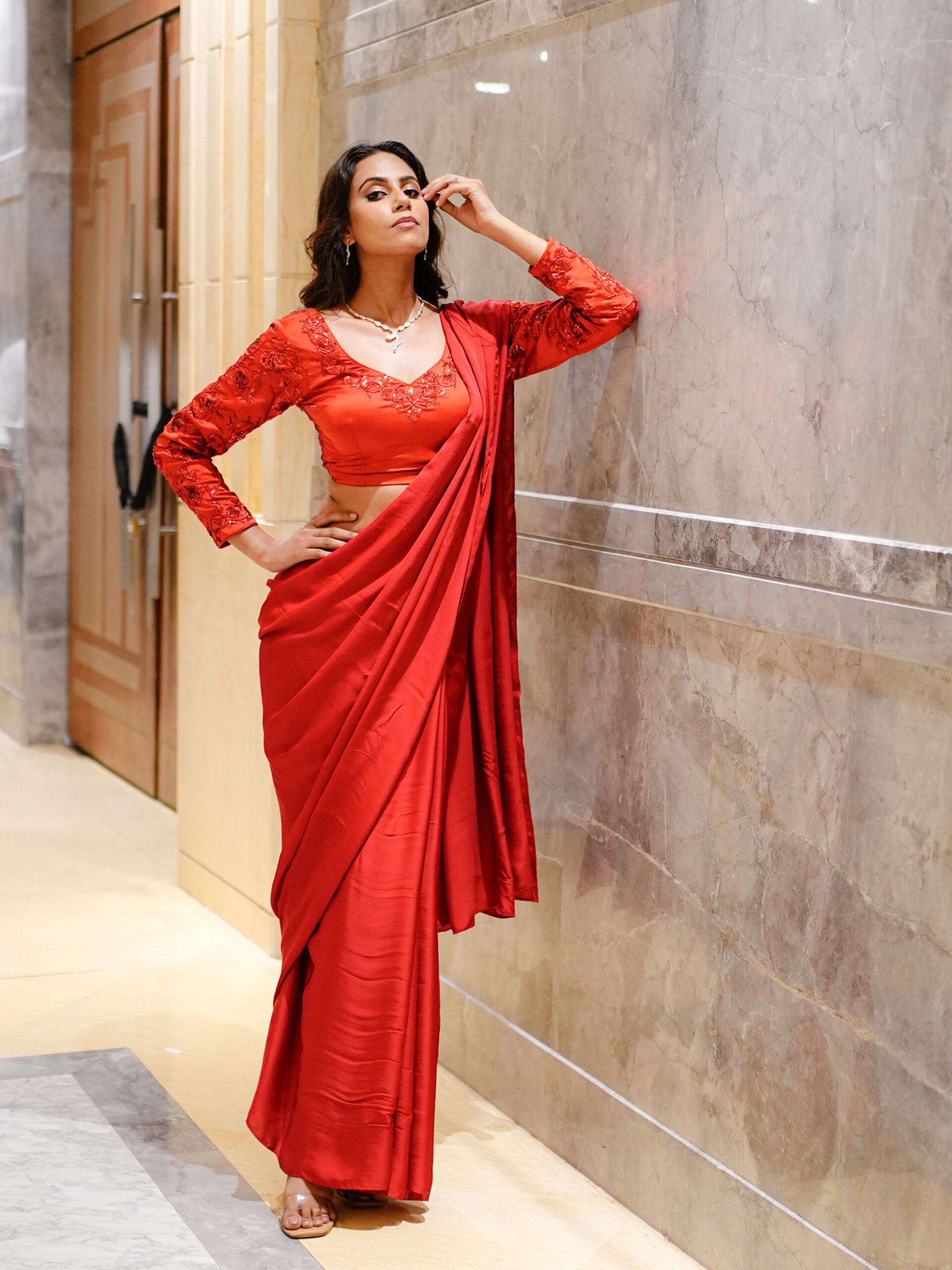 Crimson Reverie Satin Silk Saree - Image 2