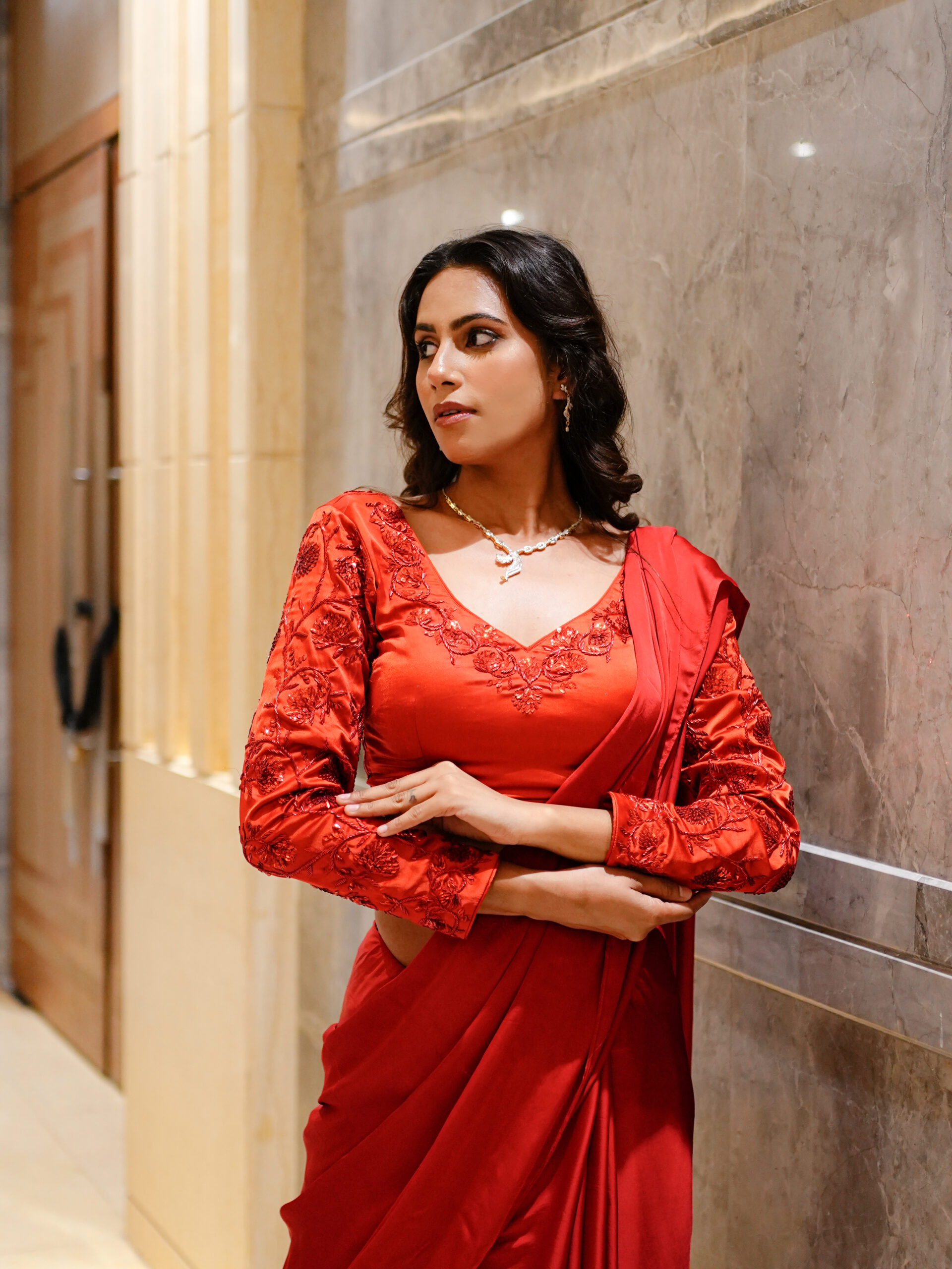 Crimson Reverie Satin Silk Saree - Image 4