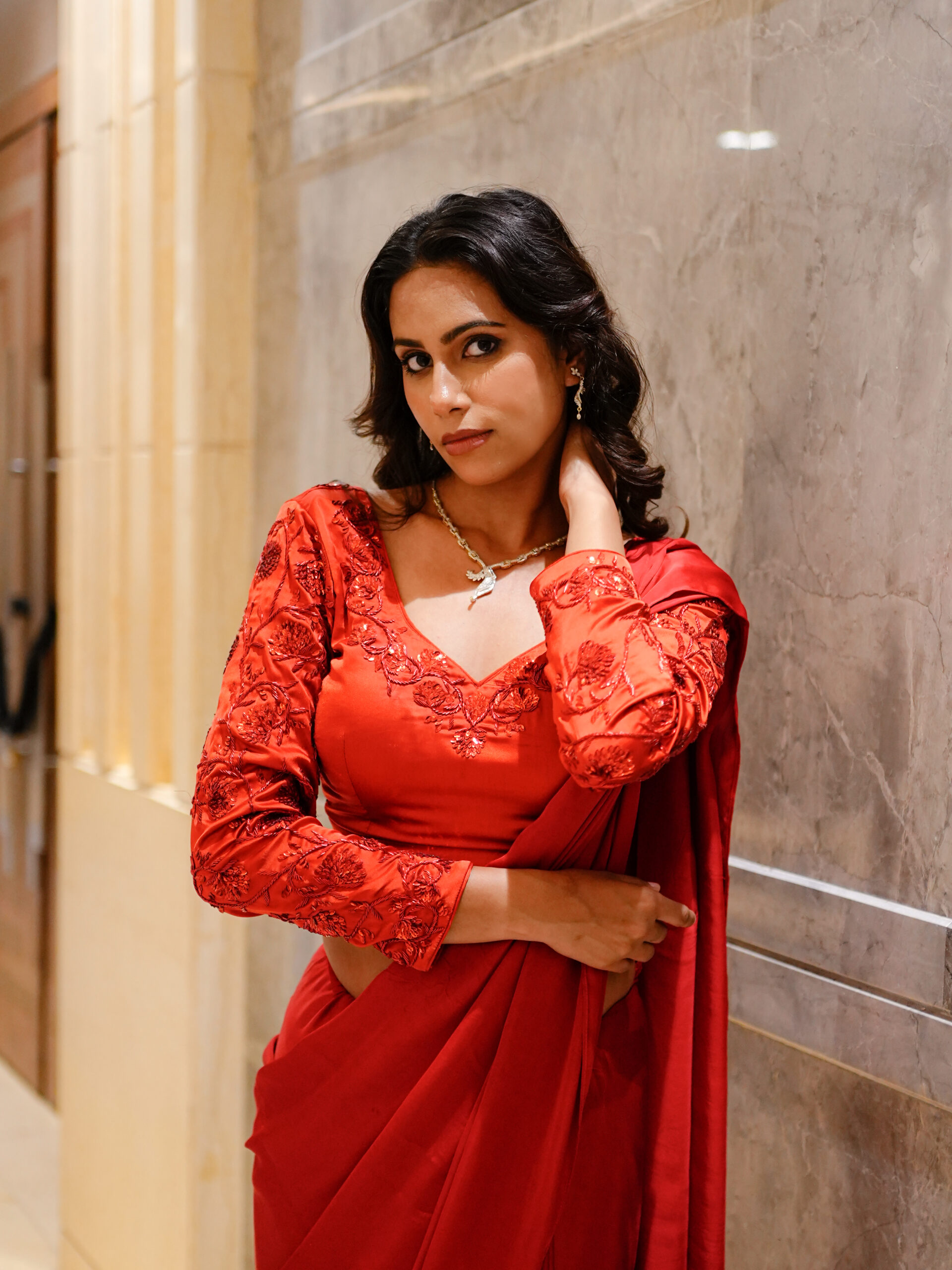 Crimson Reverie Satin Silk Saree - Image 3