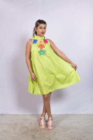 Lime Green Boho Cotton Dress with Multicolour Floral Appliqué