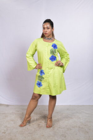 Lime Green Cotton Shirt Dress with Blue Floral Appliqué