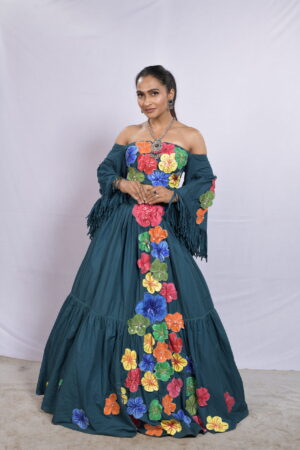 Teal Blue Skirt with Multicolour Floral Detailing