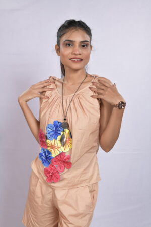 Peach Boho Cotton Dress with Colorful Floral Detailing