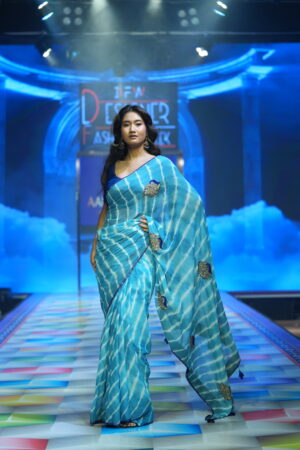 Blue Lehariya Tie - Dye Saree with Hand Embellishments